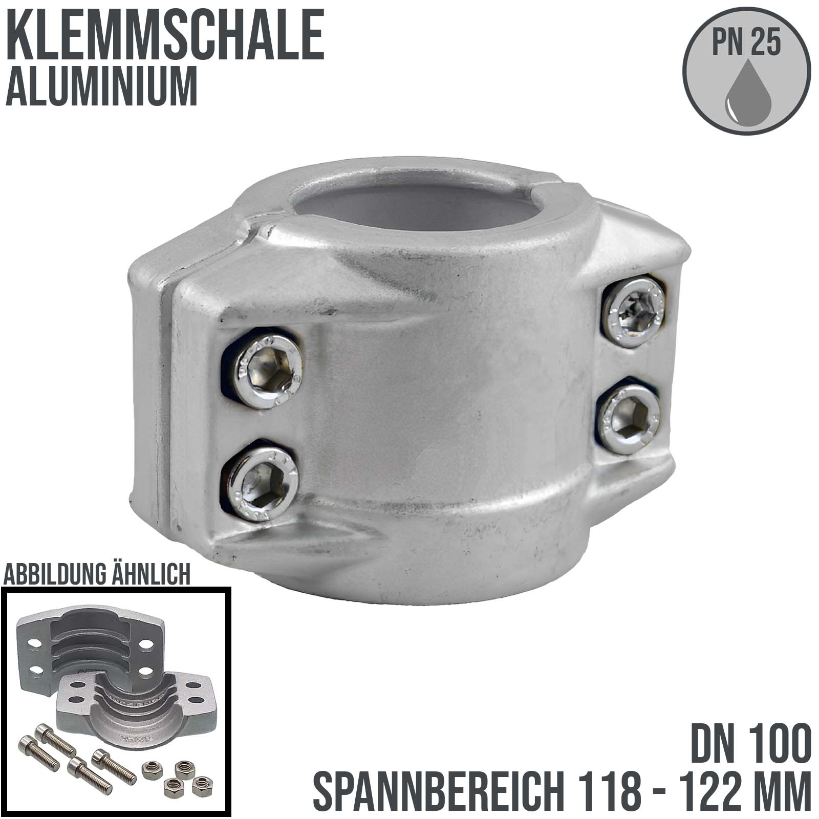 DN 100 Klemmschale Aluminium Spannbereich 118 - 122 mm für Schlauch ID x AD 100 x 120 mm - PN 25 bar