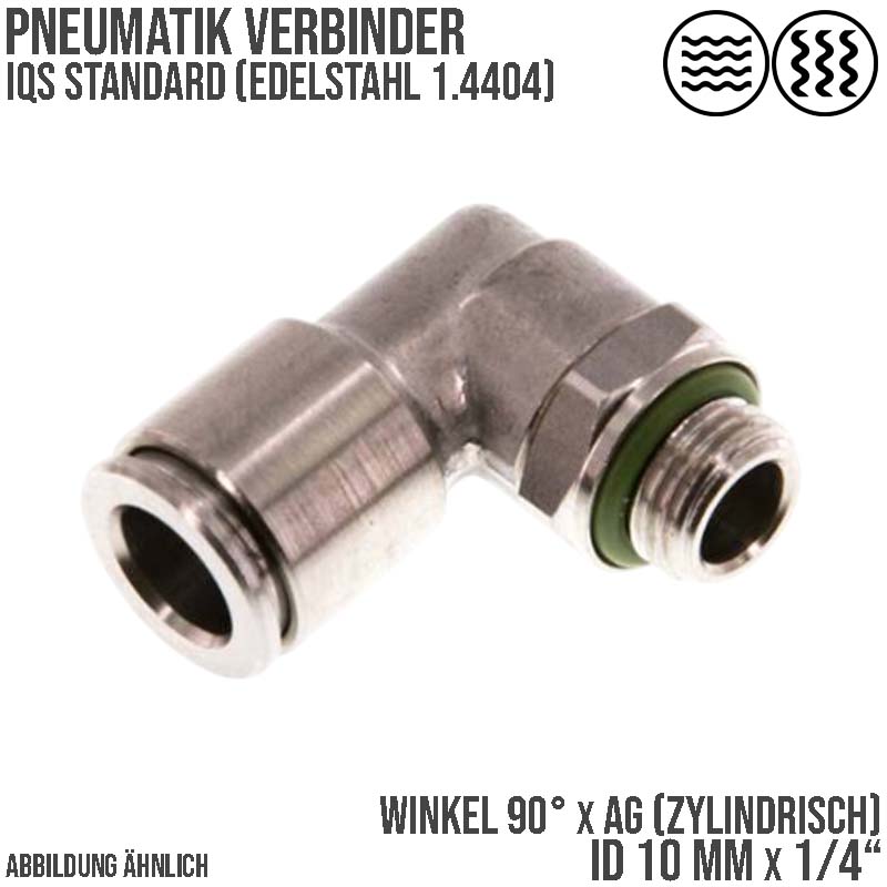 10 mm x 1/4" Pneumatik Steck Verbinder Winkel 90° eckig IQS Edelstahl VA 1.4404 Außengewinde zylindrisch - PN 15 bar
