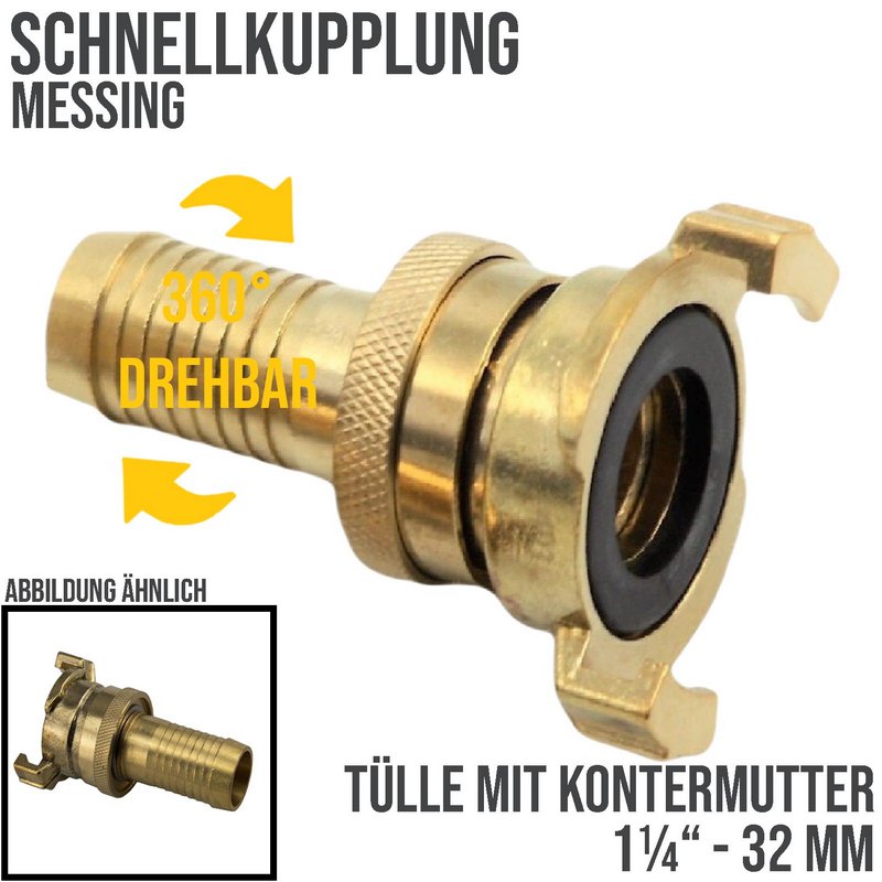 1 1/4" 32 mm Messing Schlauch Schnell Kupplung Tülle mit Kontermutter (GEKA kompatibel) - PN 25 bar