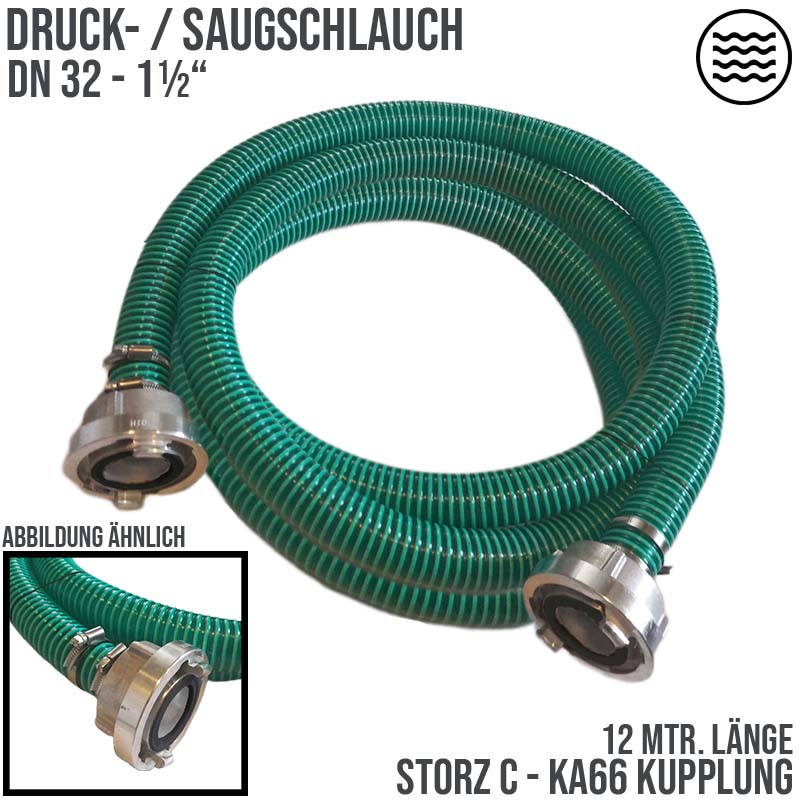 STORZ C DN52 KA66 - 32 mm 1 1/4" PVC Saug Ansaug Pumpen Spiral Schlauch PN 5 bar grün - 12 m Rolle