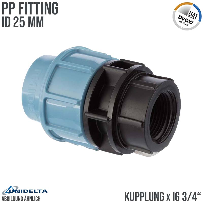 25 mm x 3/4" PE PP Fitting Klemm Verbinder Verschraubung Muffe Rohr Kupplung x IG DVGW - Unidelta