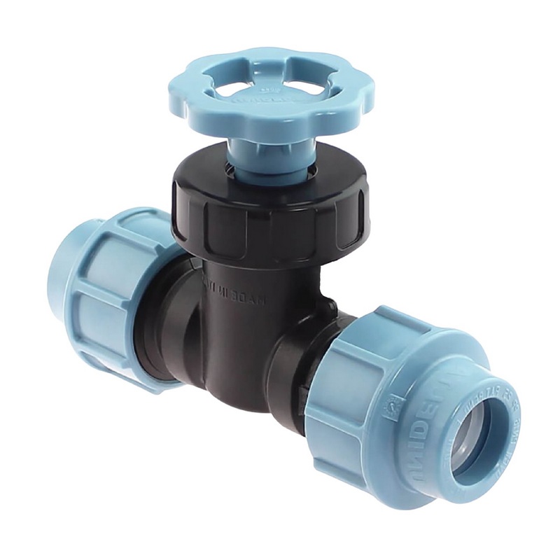 20 mm PE PP Durchgangsventil 2-fach Klemm Muffe Kupplung PN 16 bar DVGW KIWA WRAS Unidelta