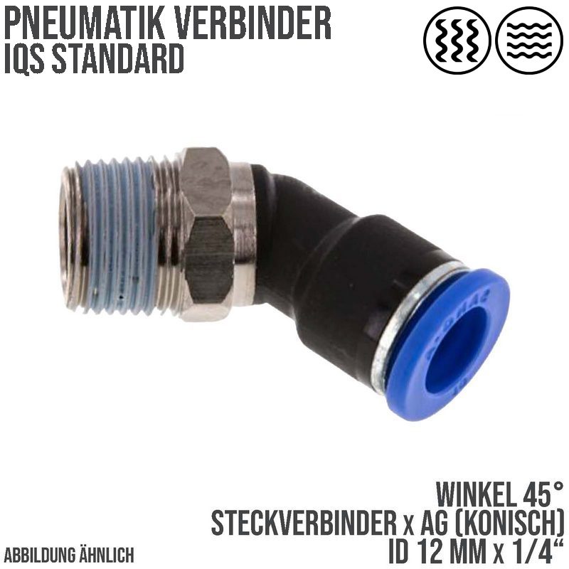 12 mm x 1/4" Pneumatik Steck Verbinder Winkel 45° IQS Außengewinde konisch - PN 20 bar