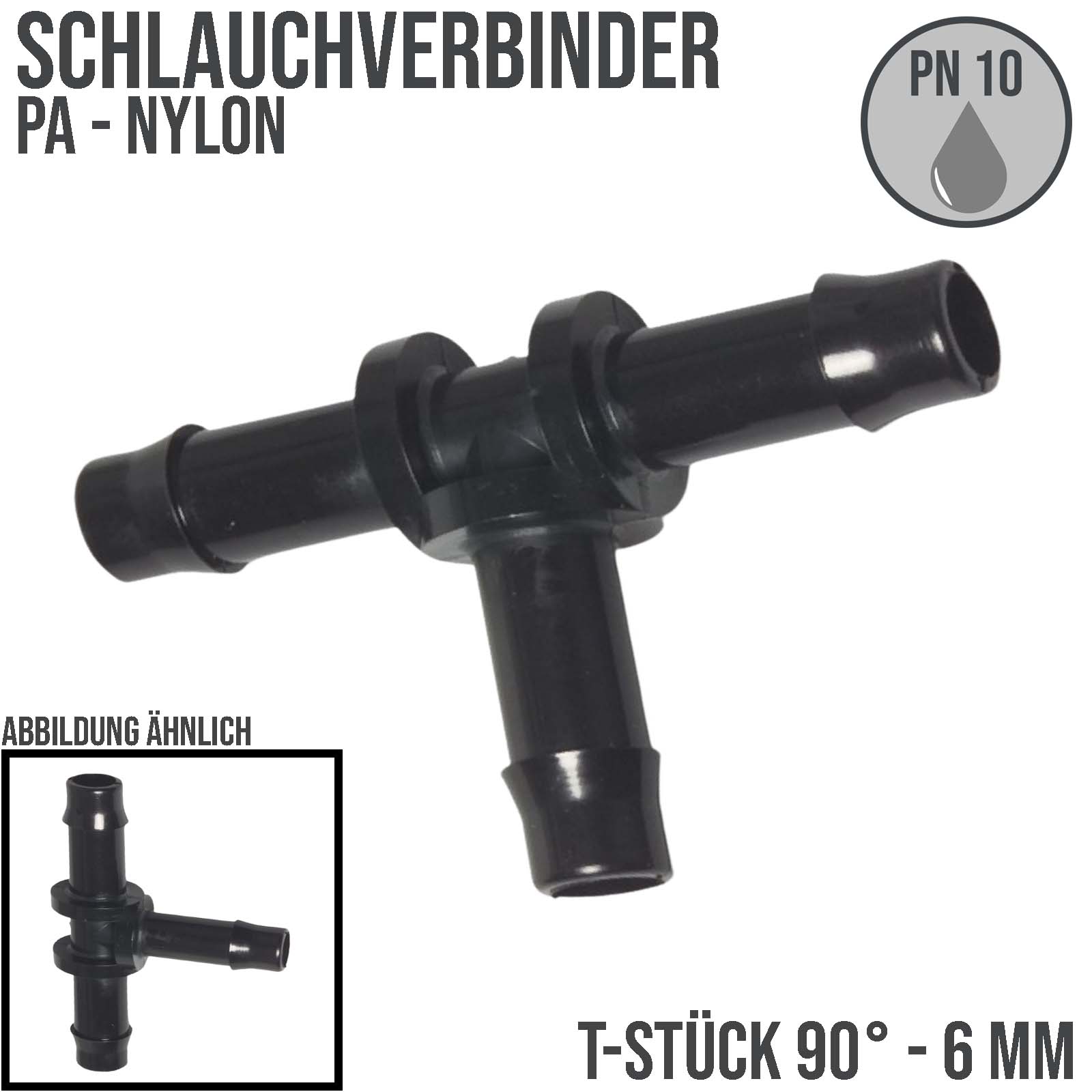 6 mm PA Nylon T-Stück 90° Schlauch Verbinder Stutzen Tülle Kupplung Fitting WF schwarz PN 10 bar