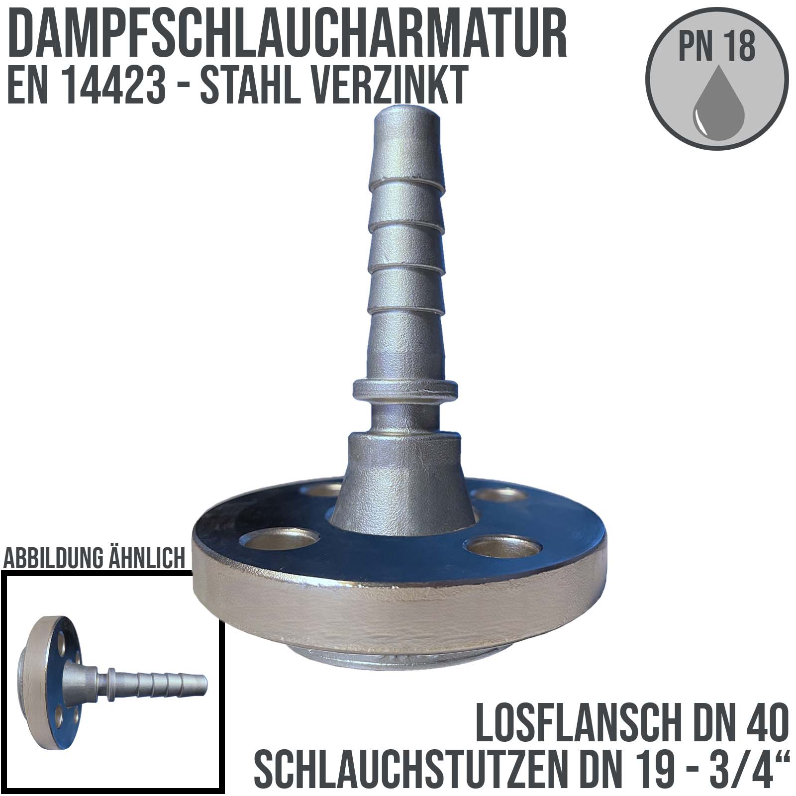 DN 40 Dampfschlaucharmatur Losflansch mit 3/4" DN 19  Stutzen Tülle Sicherungsbund Stahl verzinkt - PN 18 bar