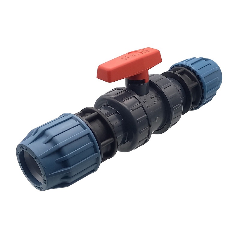 16 mm PE PP Fitting Klemm Verbinder Verschraubung Kugelhahn (rot) mit 2-fach Muffe