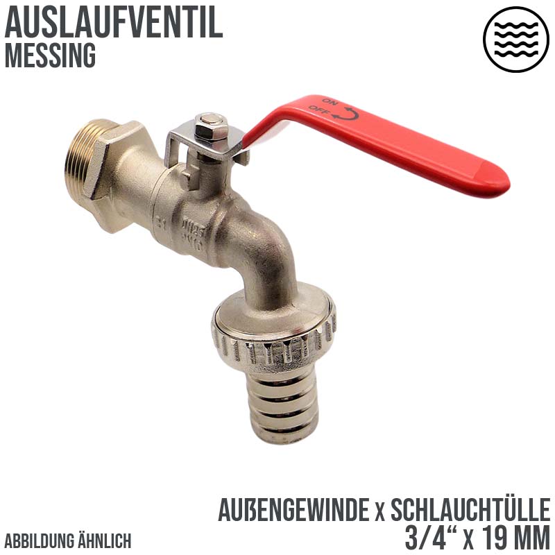 3/4" Messing Auslauf Kugel Wasser Hahn Ventil Aussengewinde Tülle 19mm - PN 10 bar
