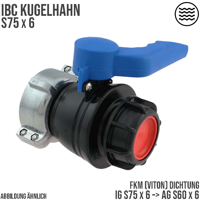 IBC S75 x 6 -> S60 x 6 Kugel Hahn blau Auslass Fass Ventil Container Tank Zubehör FMK-Dichtung