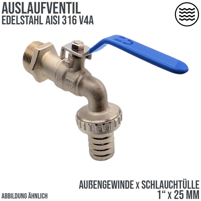 1" Edelstahl AISI 316 Auslauf Kugel Wasser Hahn Ventil Aussengewinde Tülle 25 mm - PN 10 bar