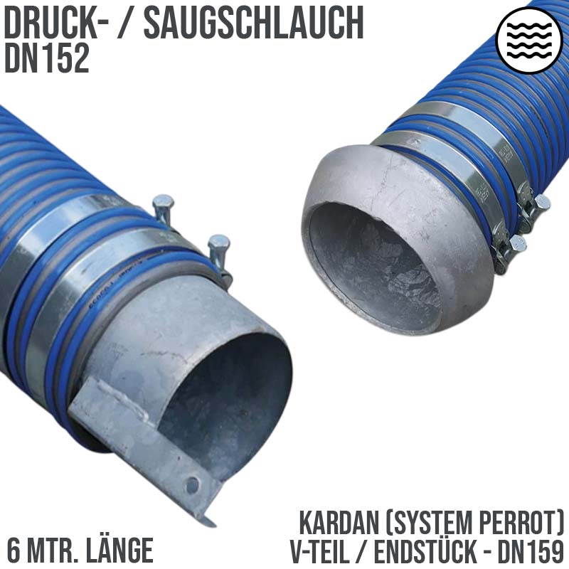 152 mm PVC Saug Druck Gülle Schlamm Schlauch Kardan DN 159 V-Teil Endstück - 6 m