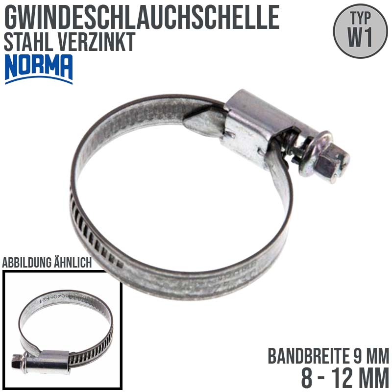 8 - 12 mm NORMA Schlauch Gewinde Rohr Schelle W1 Stahl verzinkt - Band 9 mm