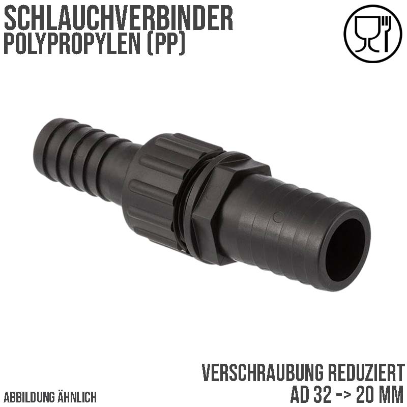 32 x 20 mm Schlauch Verschraubung reduziert 2-fach Stutzen Tülle Pool Teich Garten PP schwarz - PN 6 bar