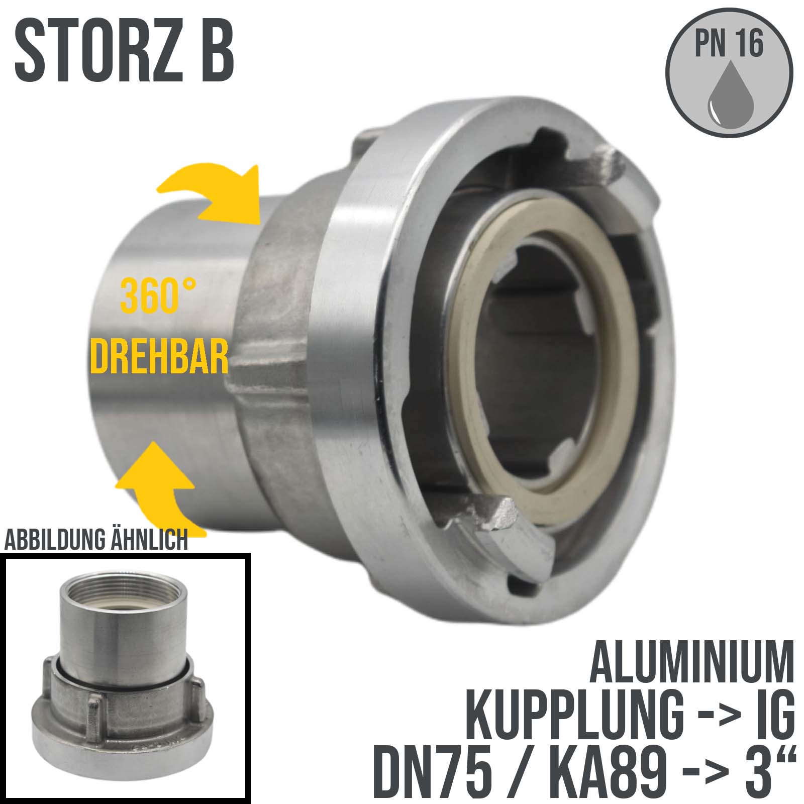 STORZ B DN75 KA89 Kupplung mit drehbarem IG 3" Saug Bau Feuerwehr Schlauch 16bar