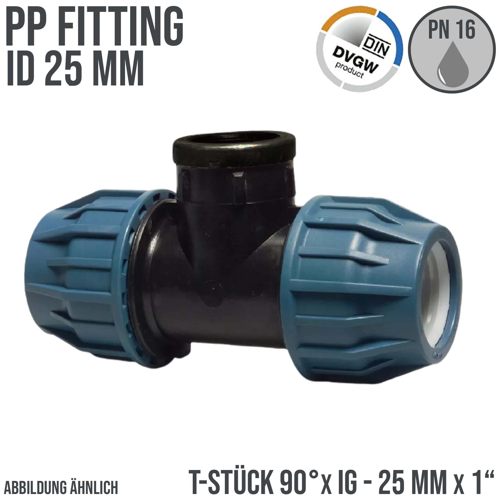 25 mm x 1" PE PP Fitting Klemm Verbinder Verschraubung Rohr T-Stück 90° x IG DVGW - PN 16 bar 