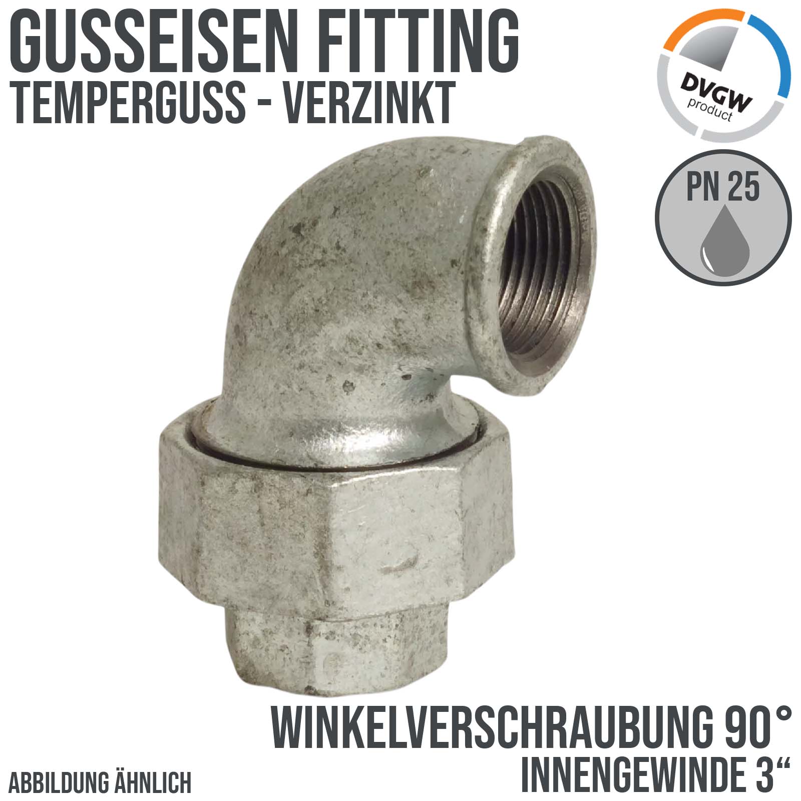 3" Gusseisen Temperguss Fitting Nr. 96 Winkelverschraubung 90° Innengewinde IG DVGW PN 25 bar