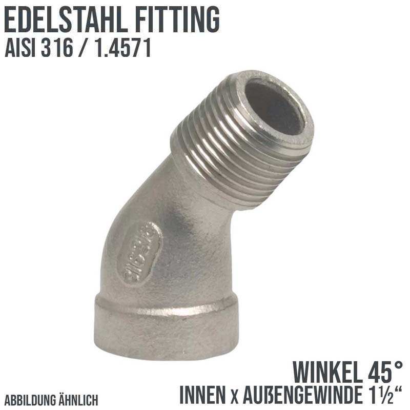 1 1/2" Edelstahl Fitting V4A AISI 316 Nr. 121 - Winkel 45° Innen x Außengewinde IG x AG - PN 10 bar