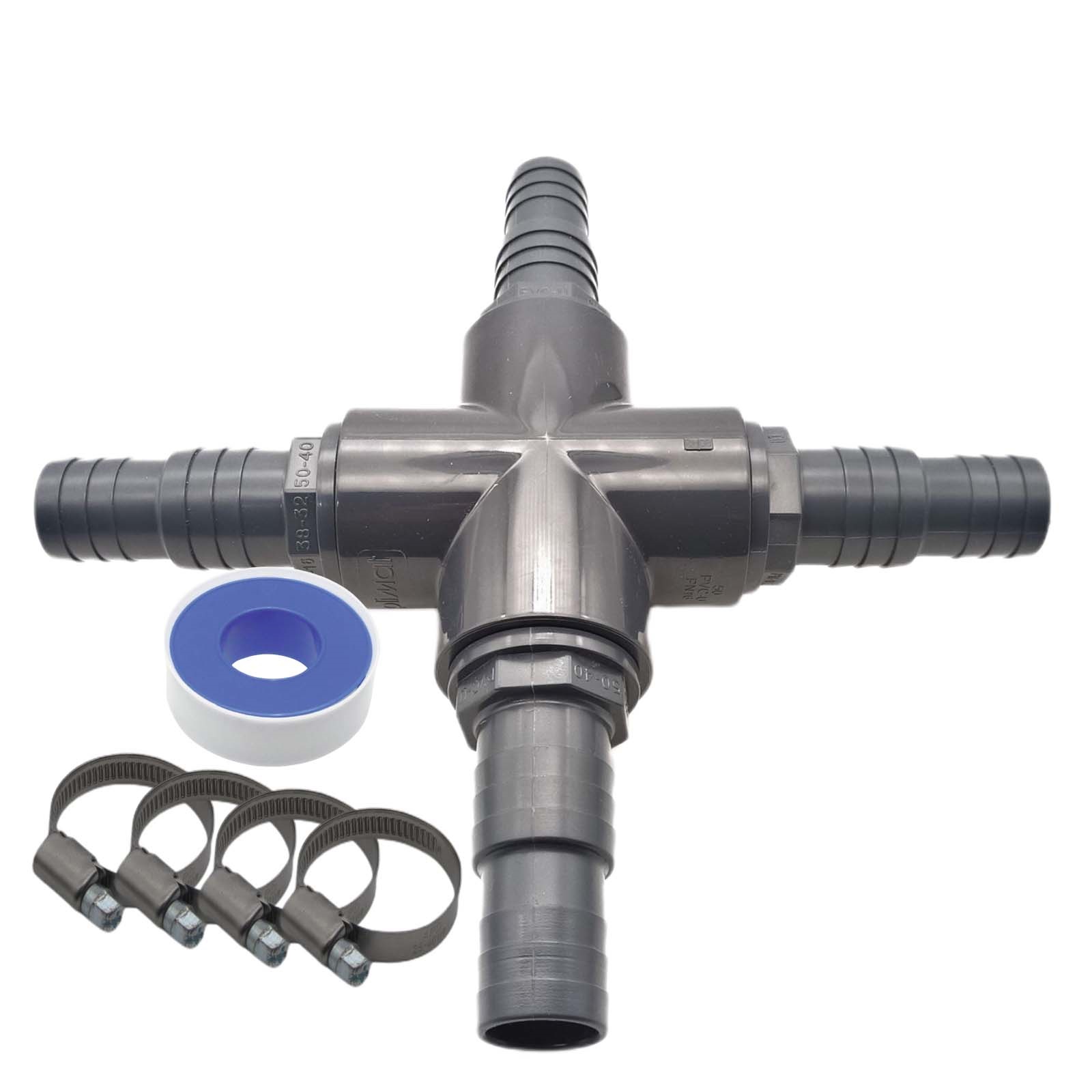 32 / 38 mm PVC PROFI Kreuz 90° Schlauch Verbinder Stutzen Tülle Pool Teich Garten - PN 10 bar - Montage-Set