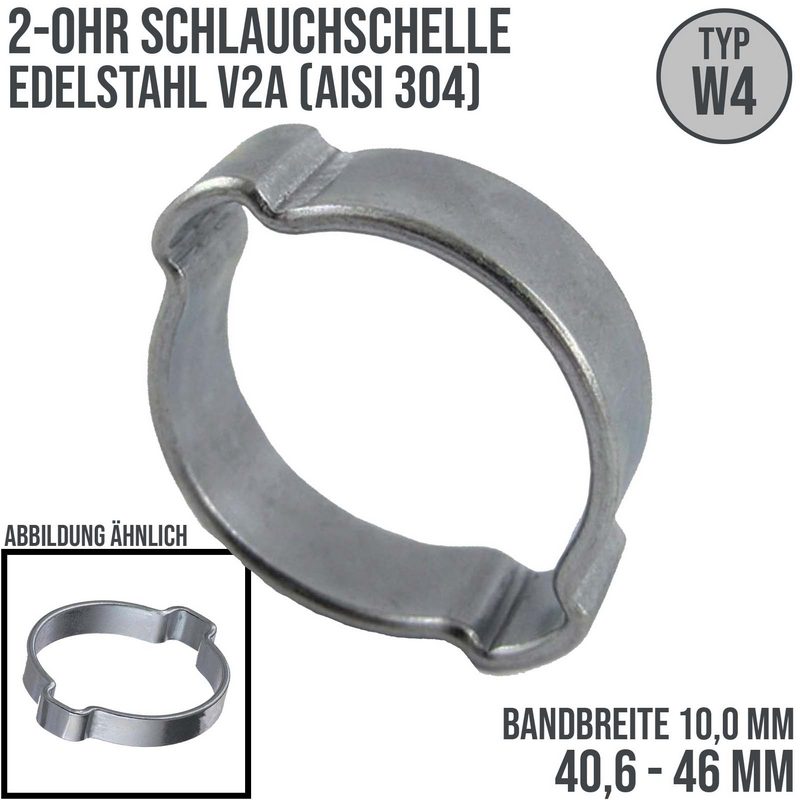 40,6 - 46 mm 2-Ohr Doppel Schlauch Schelle Edelstahl 1.4307 W4 - Bandbr. 10,0 mm