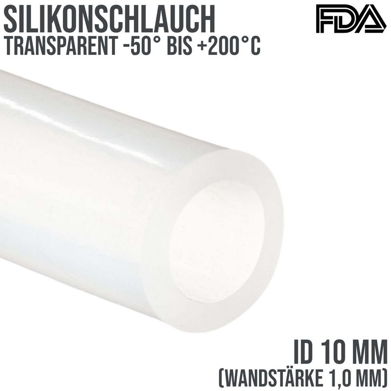 10 x 12 mm Silikon Silicon Milch Schlauch transparent lebensmittelecht FDA 0,25 bar