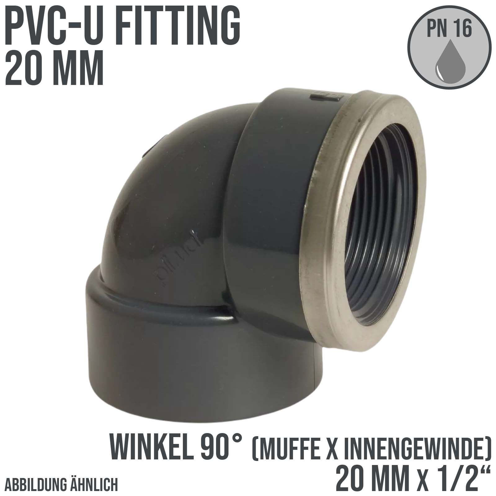 20 mm PVC Klebe Fitting Winkel 90° Innengewinde IG verstärkt 20 mm x 1/2" Muffe Verbinder - PN 16 bar