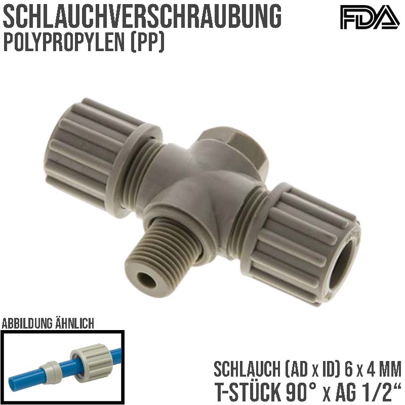 6 x 4 mm x 1/2" T-Stück 90° Kupplung Aussengewinde PA PP Schlauch Verbinder FDA drehbar - PN 10 bar