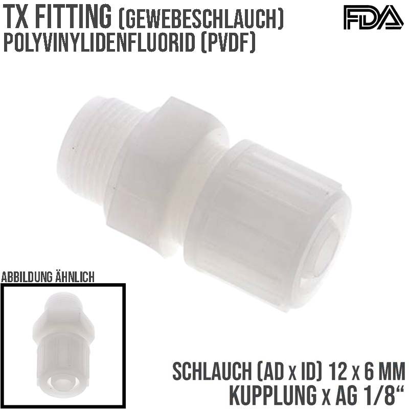 12 x 6 mm x 1/8" Kupplung Außengewinde TX Fitting Gewebe Schlauch Verbinder FDA PVDF weiß - PN 10 bar