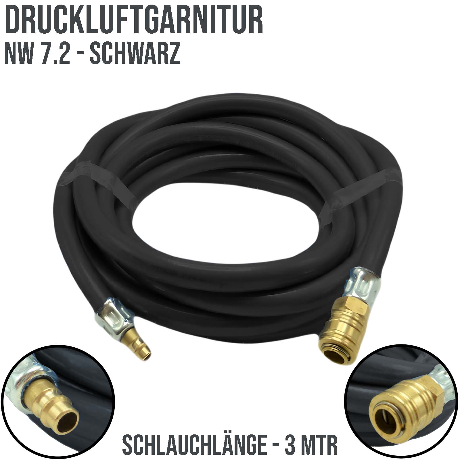 9 mm PVC Druckluft Pressluft Luft Kompressor Garnitur Schlauch schwarz - PN 22 bar - 3m