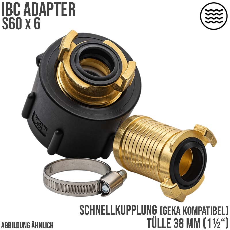 S60 x 6 IBC Adapter auf Schnellanschluss + Kupplung 1 1/2" 38 mm Container Tank Zubehör (GEKA kompatibel)