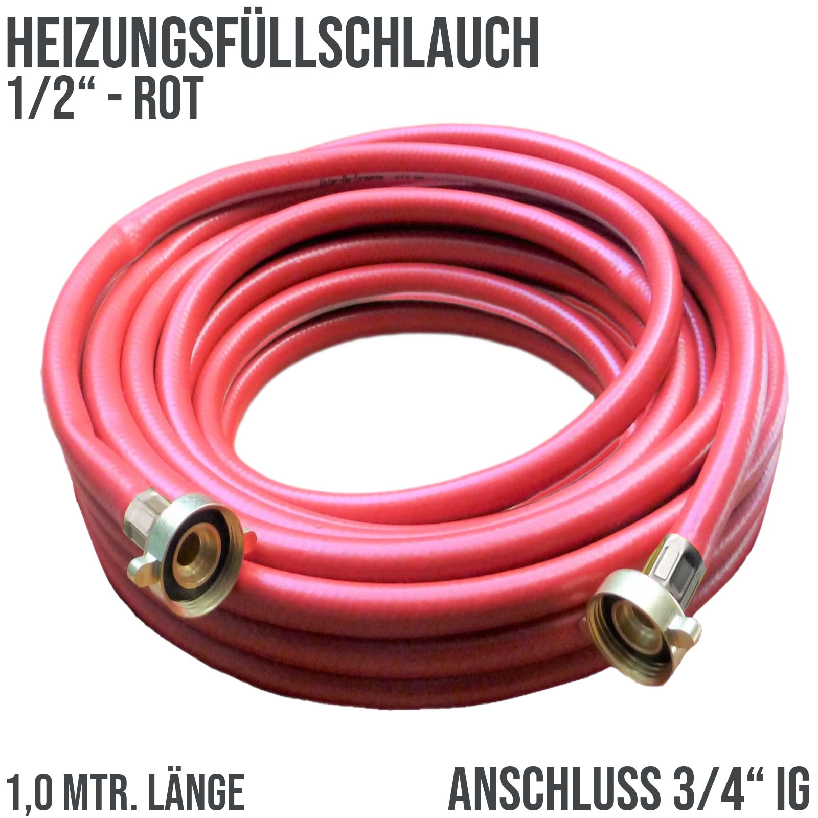 1,0 m Heizungs Füllschlauch Wasser Heizkörper Radiator Sanitär Schlauch rot 3/4" Anschluss - PN 8 bar