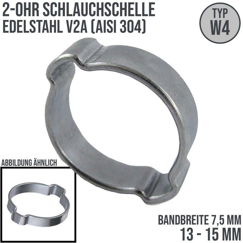 13 - 15 mm 2-Ohr Doppel Schlauch Schelle Edelstahl 1.4307 W4 - Bandbr. 7,5 mm