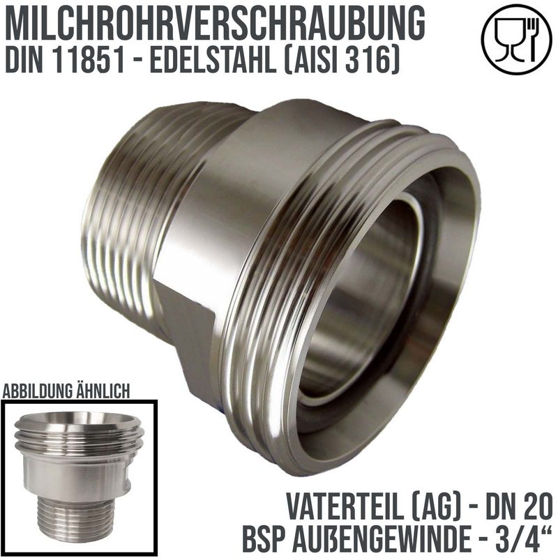 DN 20 Milchrohr Verschraubung DIN 11851 VT Vaterteil Außengewinde RD Außengewinde 3/4" - PN 25 bar
