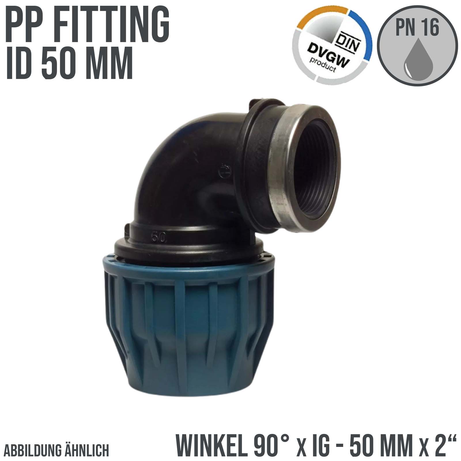 50 mm x 2" PE PP Fitting Klemm Verbinder Verschraubung Rohr Winkel 90° x IG DVGW - PN 16 bar