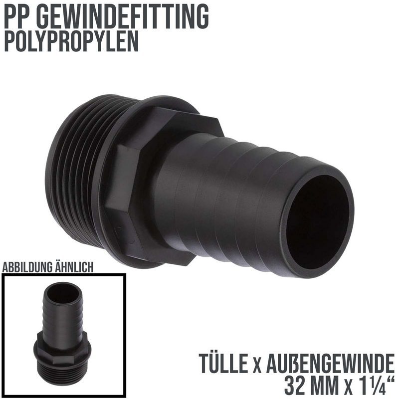 32 mm x 1 1/4 " PP Gewinde Fitting Schlauch Tülle Stutzen Außengewinde AG - PN 6 bar