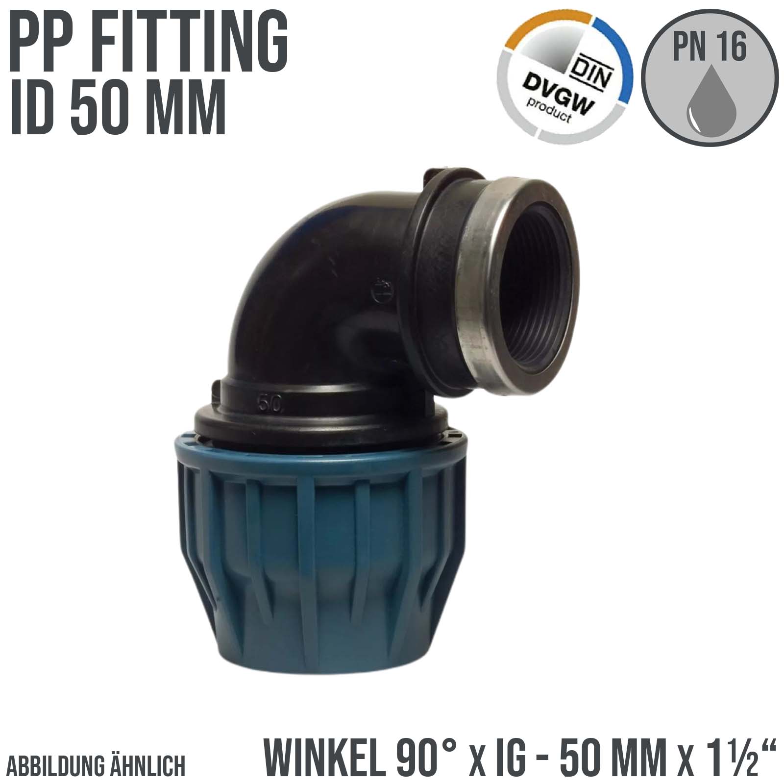 50 mm x 1 1/2" PE PP Fitting Klemm Verbinder Verschraubung Rohr Winkel 90° x IG DVGW - PN 16 bar 