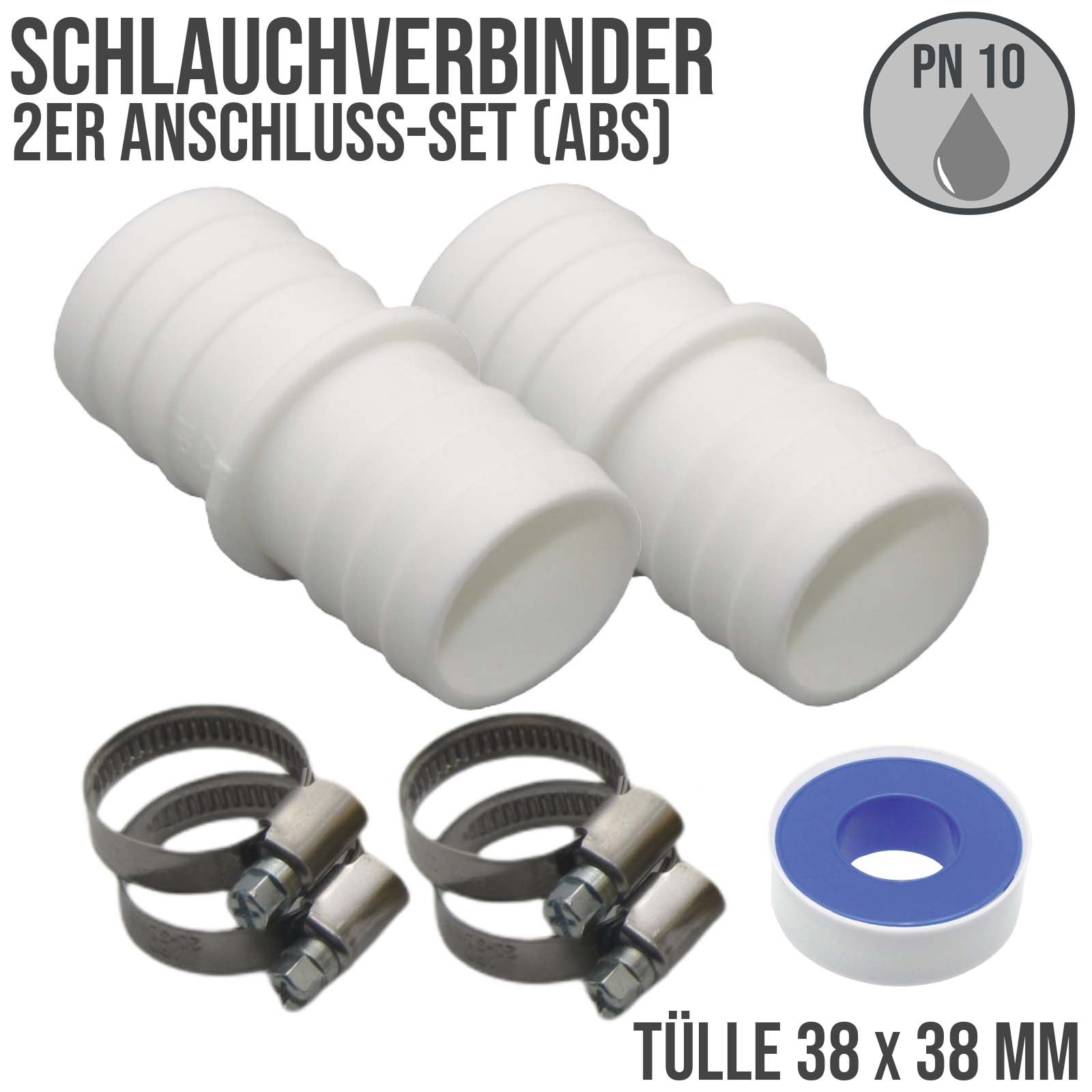 Schlauchverbinder Tülle Doppel Klebe Stutzen Schlauch Pool Verbinder 38mm SET (7-teilig)