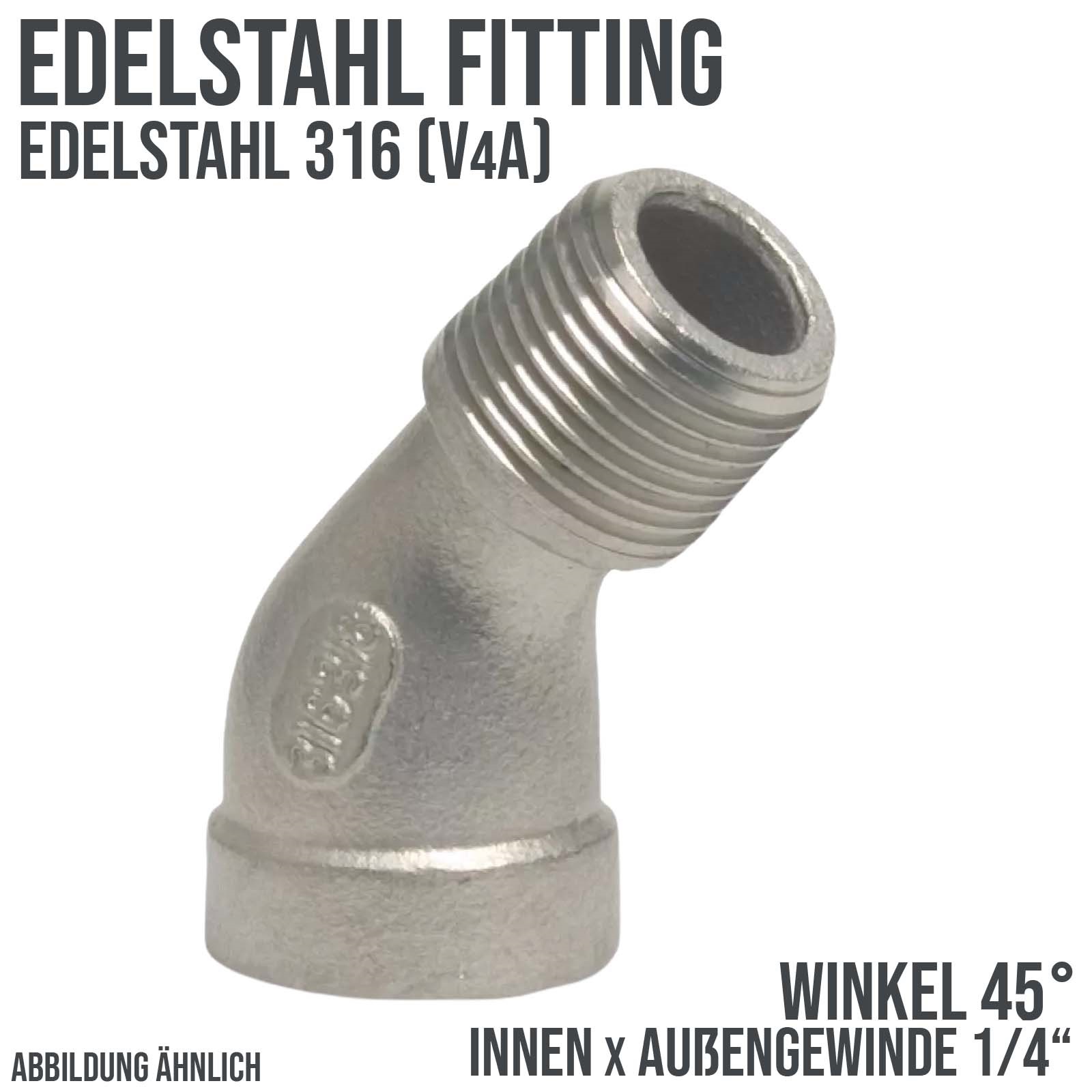 1/4" Edelstahl Fitting V4A AISI 316 Winkel 45° Innen x Außengewinde IG x AG - PN 10 bar
