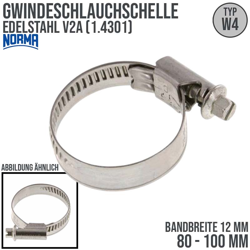 80 - 100 mm NORMA Schlauch Gewinde Rohr Schelle W4 Edelstahl 1.4301 - Band 12 mm