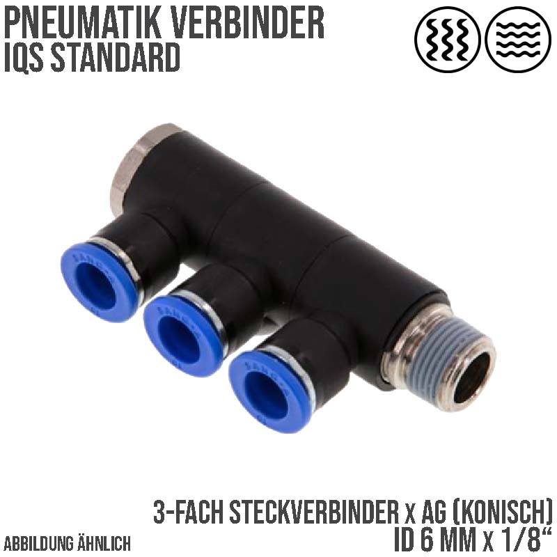 6 mm x 1/8" Pneumatik Steck Verbinder 3-fach Verteiler IQS Außengewinde konisch - PN 20 bar