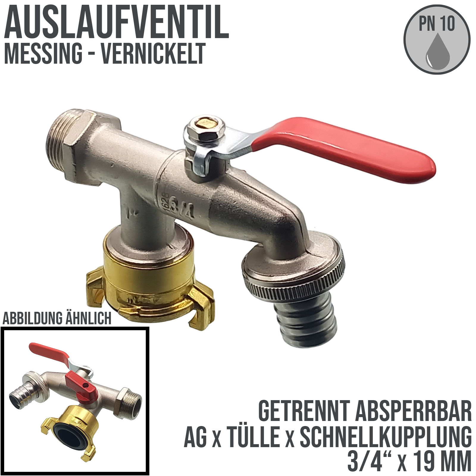 3/4" Messing Auslauf Ventil Hahn 2-fach Auslass 19 mm Tülle Schnellkupplung PN 10 bar