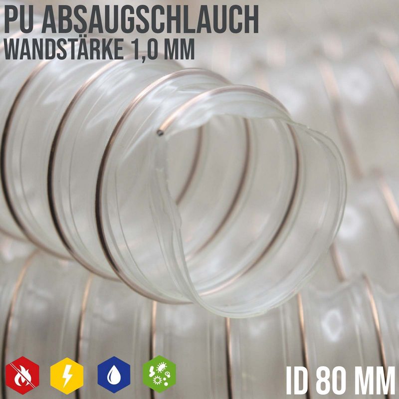 80 mm PU Saug Ansaug Druck Spiral Flex Staub Holz Metall Späne Schlauch Anlage - Wandstärke 1,0 mm - PN 1,05 bar