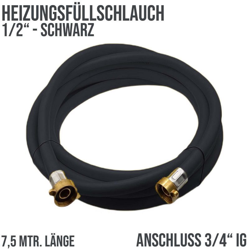 7,5 m Heizungs Füll Wasser Heizkörper Radiator Sanitär Schlauch schwarz - 3/4" Anschluss - PN 8 bar