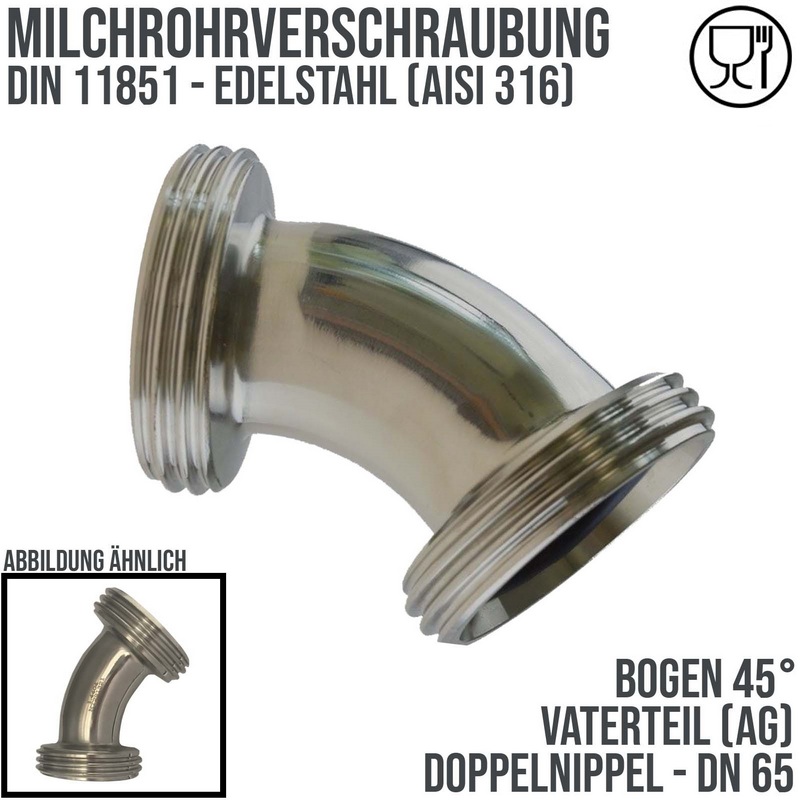 DN 65 Milchrohr Verschraubung DIN 11851 VT Vaterteil Stutzen 45° Bogen Außen x Außengewinde - PN 25 bar