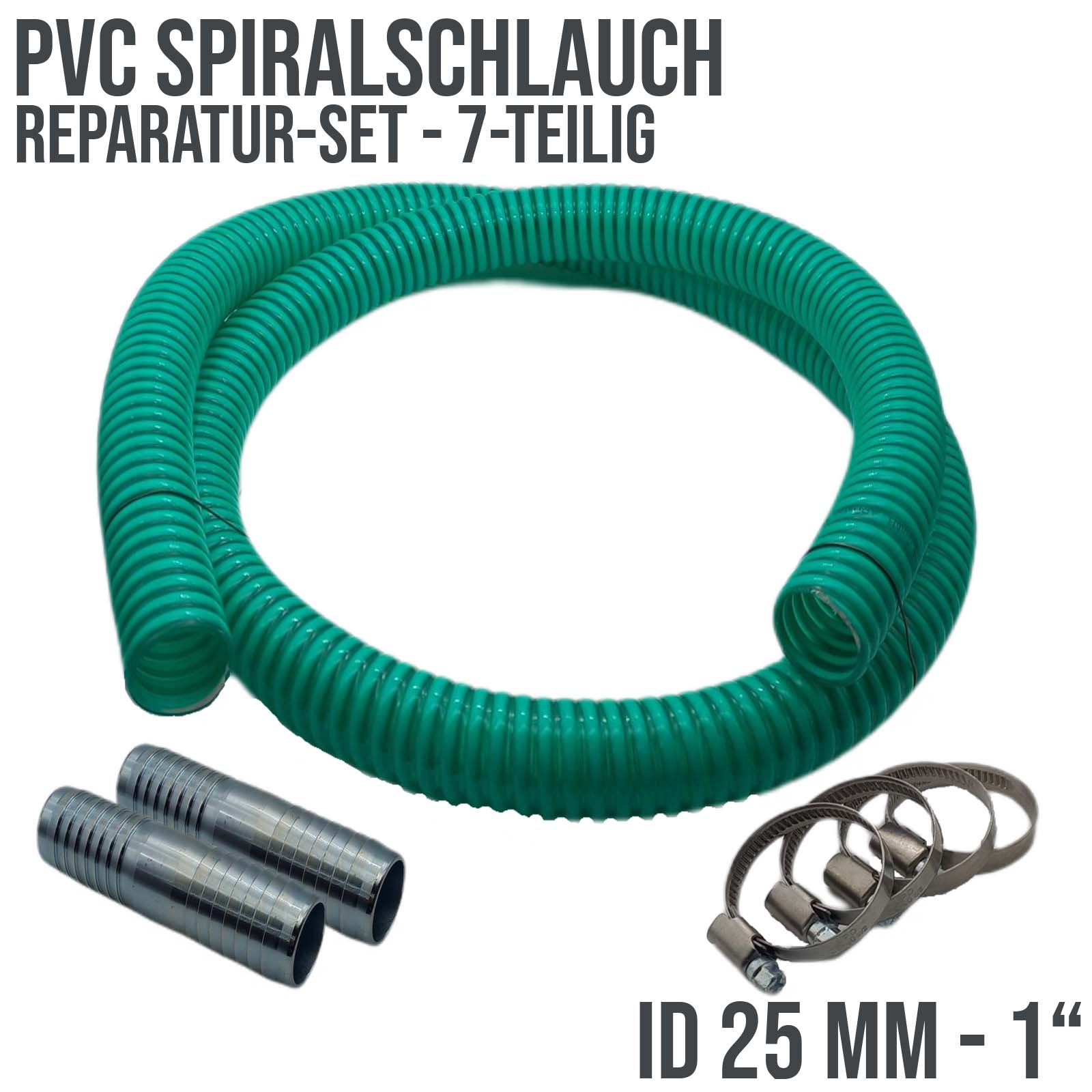 Schlauch Reparatur Set PVC Spiralschlauch grün Verlängerung 25 mm (1")  - 7-teilig