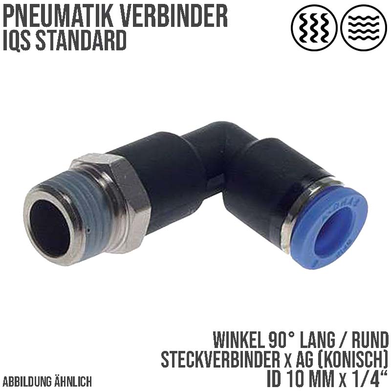 10 mm x 1/4" Pneumatik Steck Verbinder Winkel 90° rund lang rund IQS Außengewinde konisch - PN 20 bar
