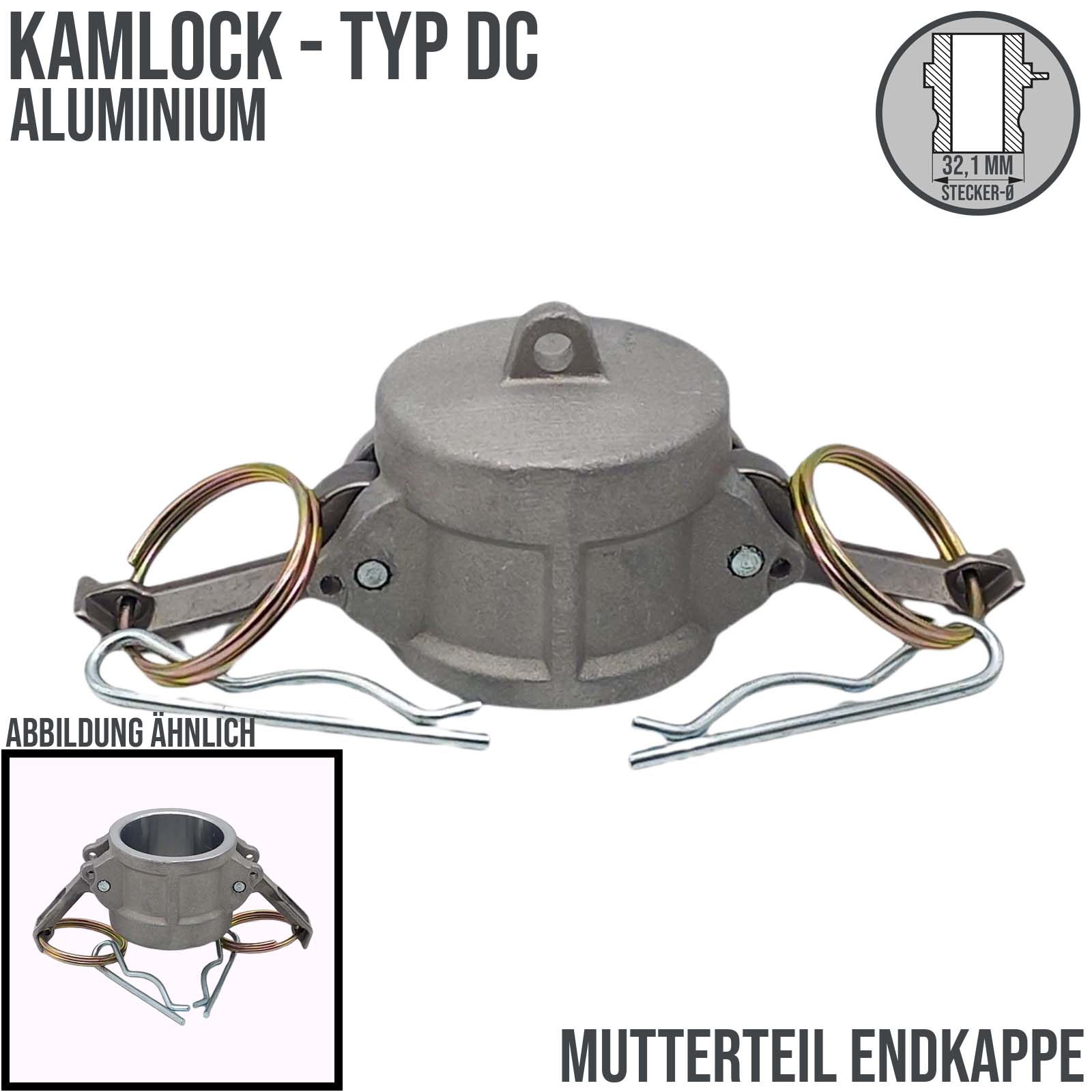 Kamlock Typ DC - End Kappe Aluminium ALU Stopfen Verschluss 32,1 mm 3/4" Zoll DN19 DN20 - PN 10 bar