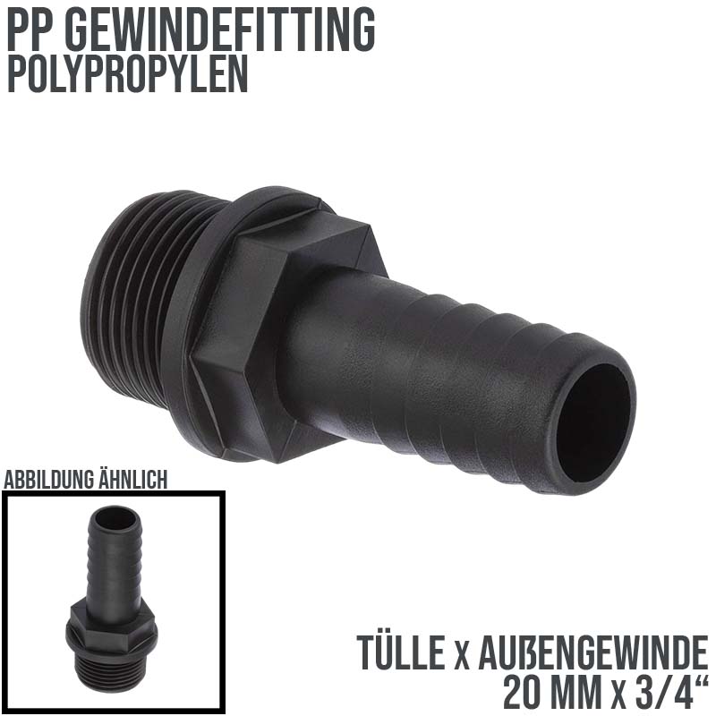 20 mm x 3/4 " PP Gewinde Fitting Schlauch Tülle Stutzen Außengewinde AG - PN 6 bar