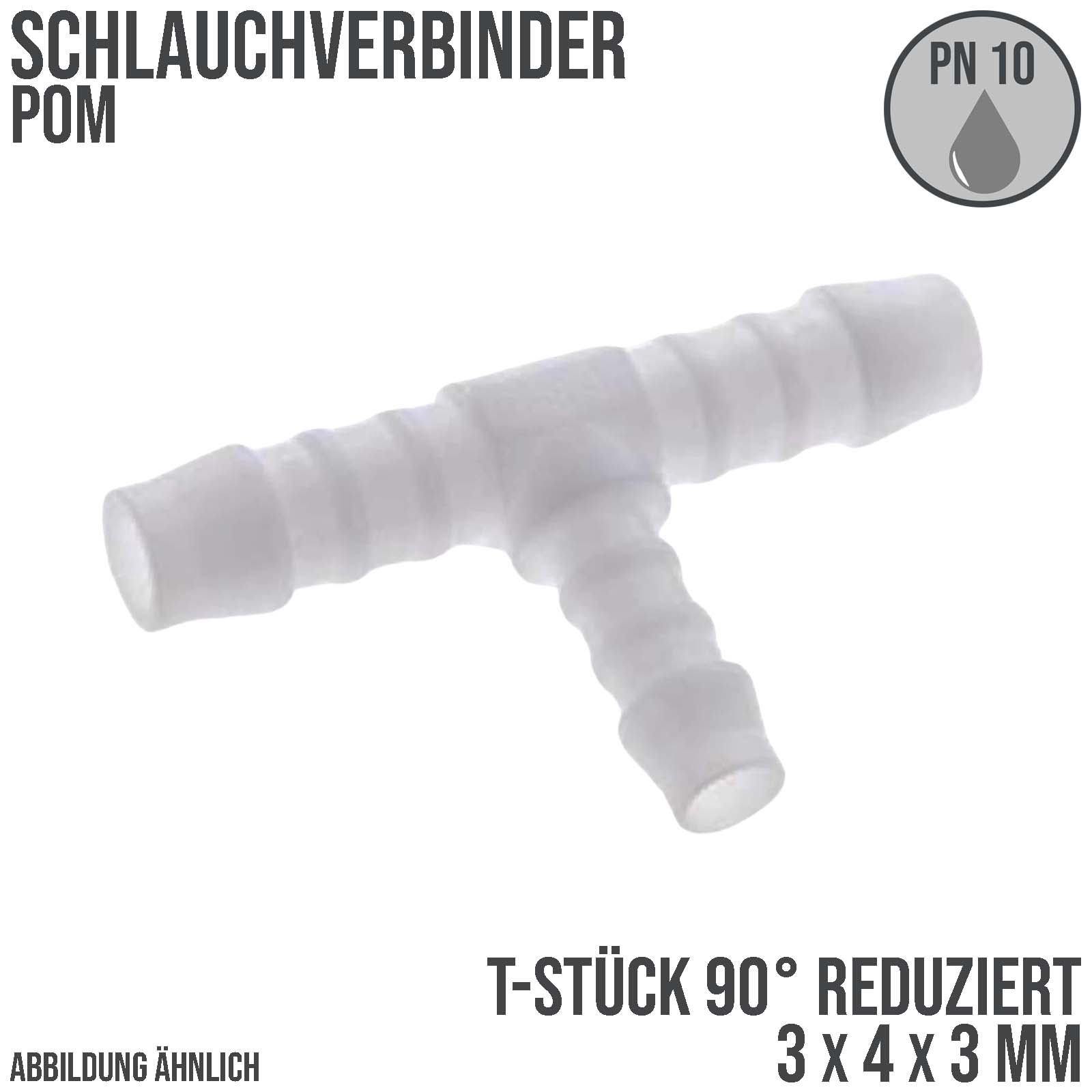 3 x 4 x 3 mm POM T-Stück Schlauch Verbinder Stutzen Tülle Kupplung Fitting weiss PN 10 bar