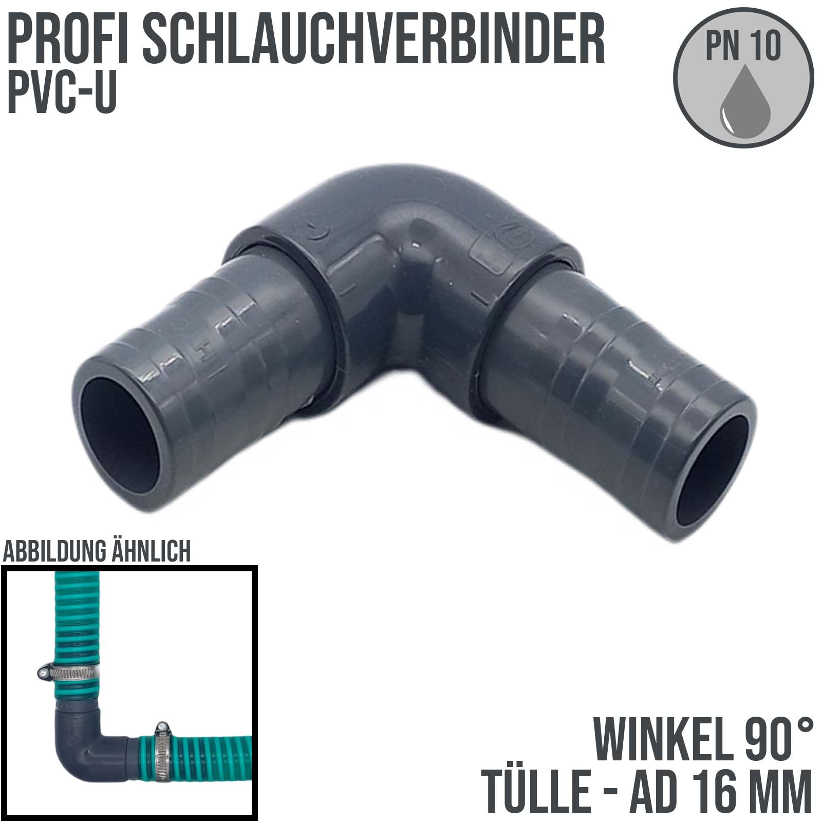 32 mm PVC PROFI Winkel 90° Schlauch Verbinder Stutzen Tülle Pool Teich Garten - PN 10 bar