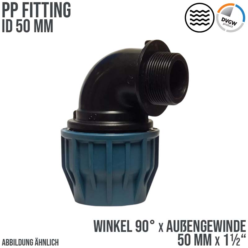 50 mm x 1 1/2" PE PP Fitting Klemm Verbinder Verschraubung Rohr Winkel 90° x AG DVGW - PN 16 bar