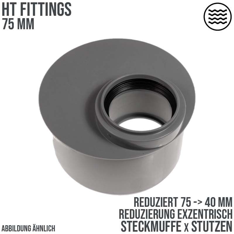 75 x 40 mm PP Reduzierstück exzentrisch Abfluß Abwasser HT KG Rohr Stutzen Muffe grau